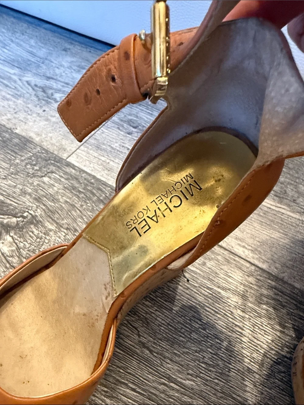 Michael Kors Tan Cork Wedge Sandals with Ankle Buckle